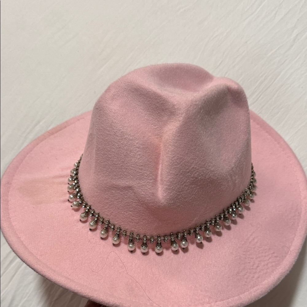 Elegant Pink Fedora with Rhinestone Trim